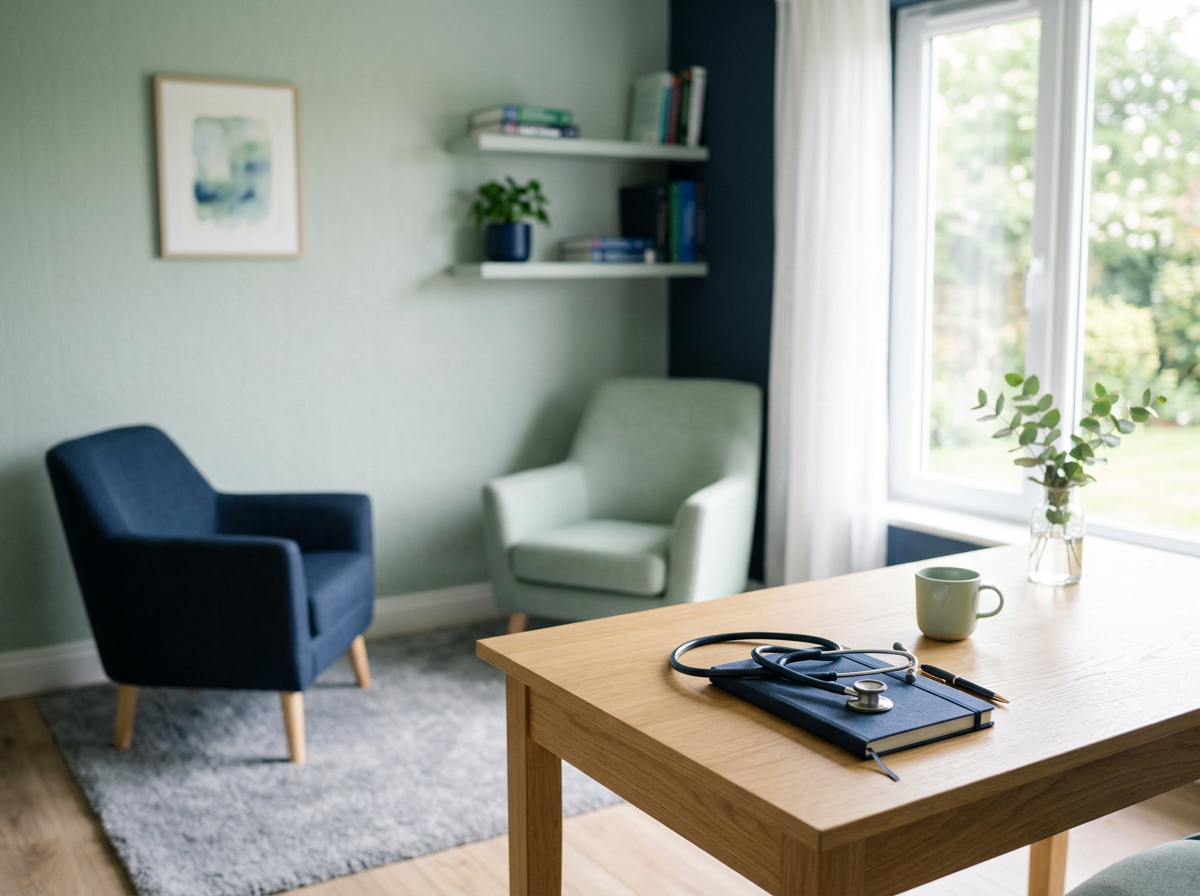 A calm private practice consultation room with a stethoscope on the desk