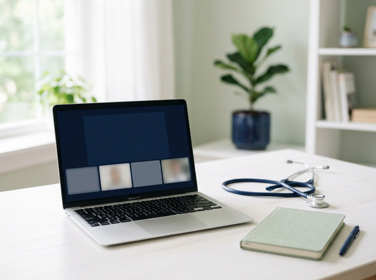 A laptop and stethoscope on a clean white desk